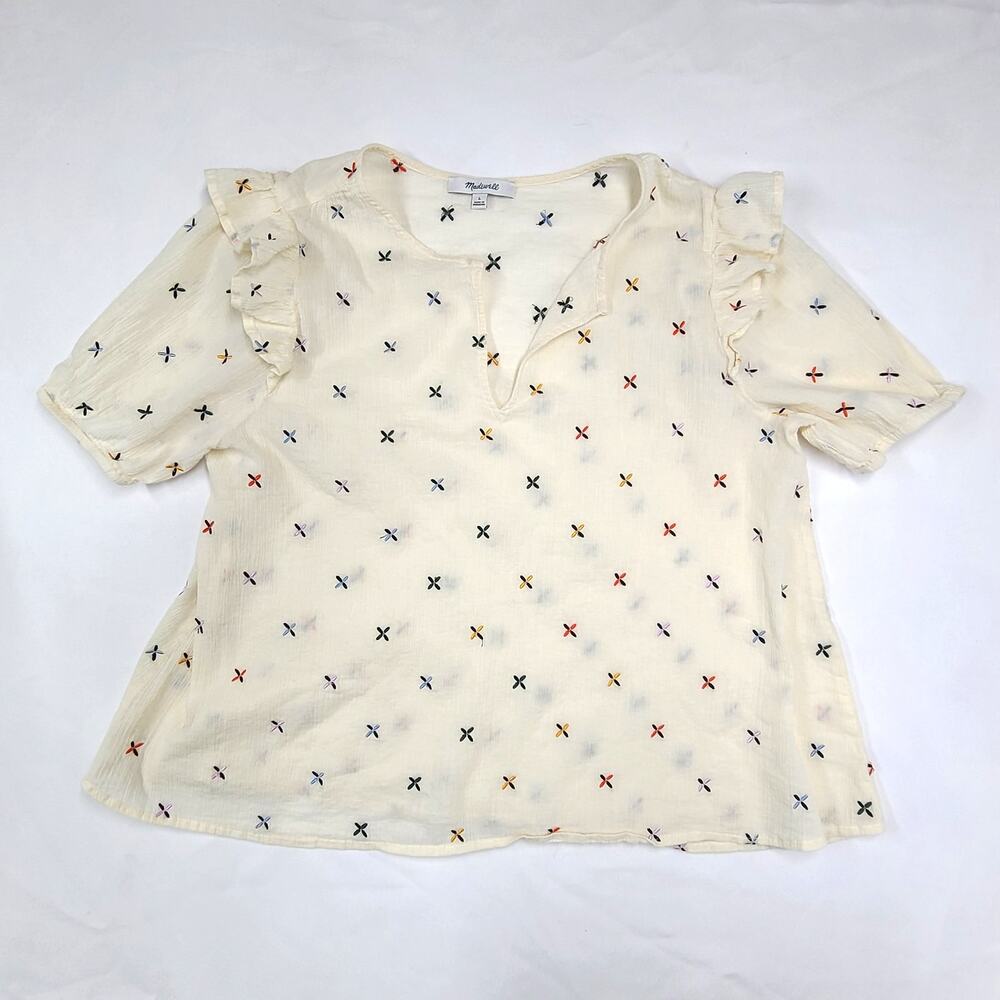 Madewell Embroidered Gazebo Top Ruffle Sleeve Cream Multicolor Semi Sheer L